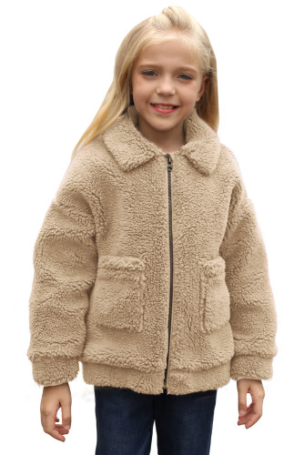 Khaki Lapel Zipper Pockets Girl's Sherpa Coat TZ85001-16