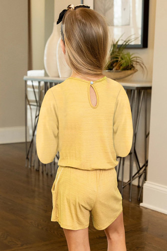 Yellow Solid Color Long Sleeve Elastic Waist Pocket Girl’s Romper TZ64040-7
