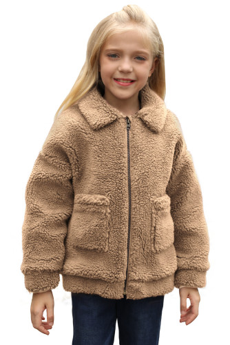 Brown Lapel Zipper Pockets Girl's Sherpa Coat TZ85001-17
