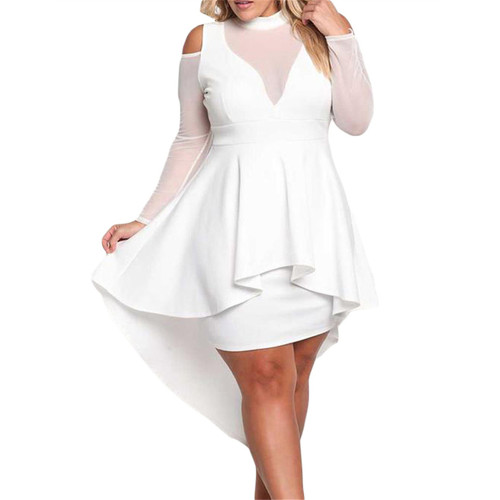 White Sheer Mesh Trim Hi Lo Peplum Bodycon Dress TQD310010-1