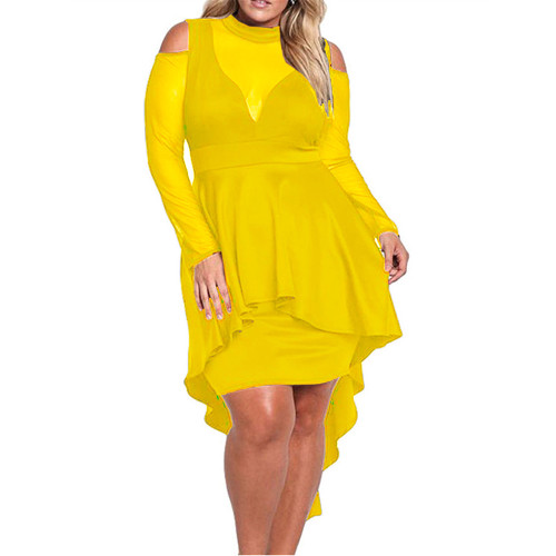 Yellow Sheer Mesh Trim Hi Lo Peplum Bodycon Dress TQD310010-7