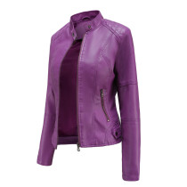 Purple Slim Fit Stand Collar PU Motorcycle Jacket TQK280091-8