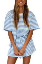 Sky Blue Stripe Print T-shirt and Elastic Waist Shorts Set LC621788-4