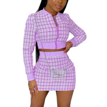 Light Purple Ribbed Plaid Print Jacket And Skirt Set TQK710386-38