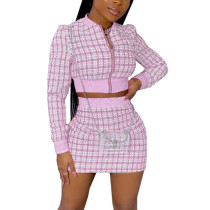 Pink Ribbed Plaid Print Jacket And Skirt Set TQK710386-10