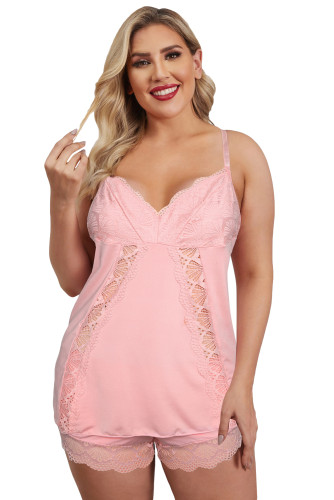 Pink Lace Splicing Cami Top and Shorts Plus Size Lingerie Set LC35124-10