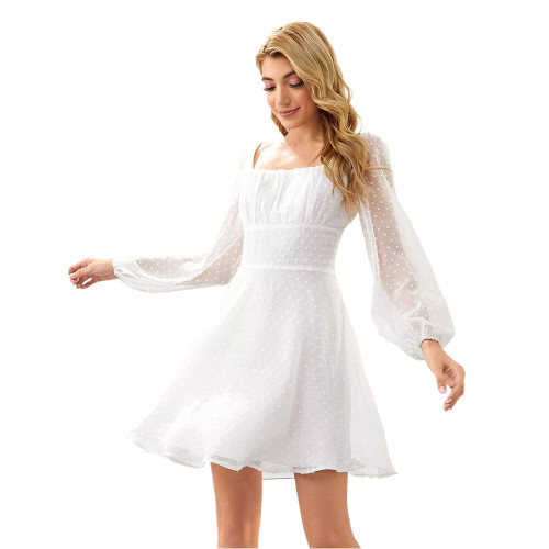 White Square Neck Swiss Dot Chiffon Long Sleve Dress TQK310630-1