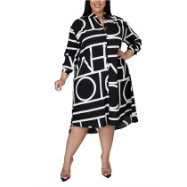 Black Digital Print Irregular Hem Plus Size Shirt Dress TQK310636-2