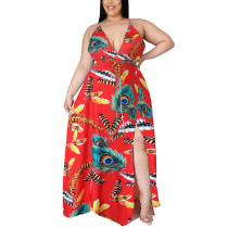 Red Feather Print Boho Style Open Back Plus Size Dress TQK310634-3