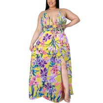 Yellow Floral Print Boho Style Open Back Plus Size Dress TQK310634-7