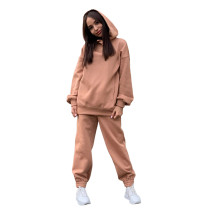 Solid Camel Cotton Blend Hoodie And Pants Set TQK710388-58