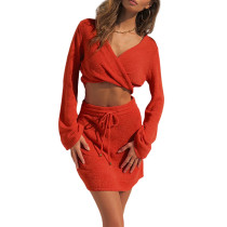 Tangerine Knot Front V Neck Crop Top with Skirt Set TQK710390-55