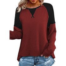 Wine Red Colorblock Waffle Long Sleeve Tops TQK210789-23