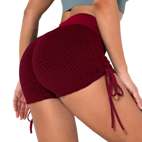 Red Honeycomb Side Drawstring Jacquard  Yoga Shorts TQE71373-3