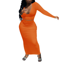 Orange Rib V Neck Crop Top With Skirt Set TQK710391-14
