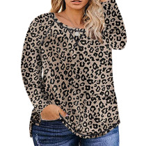 Leopard Print Raglan Long Sleeve Plus Size Tops TQK810017-20