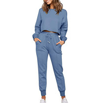 Blue Cotton Blend Long Sleeve and Pant 2pcs Set TQK710392-5
