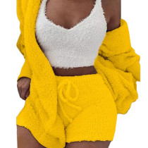 Yellow Plush Hoodie with Shorts and White Vest 3pcs Set TQK710393-7