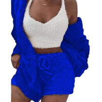 Blue Plush Hoodie with Shorts and White Vest 3pcs Set TQK710393-5
