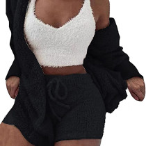 Black Plush Hoodie with Shorts and White Vest 3pcs Set TQK710393-2