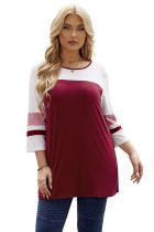 Wine Red Colorblock 3/4 Sleeve Plus Size Top LC2512849-3