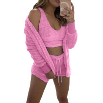Light Pink Plush Vest, Hooded Coat with Shorts 3pcs Set TQK710394-39