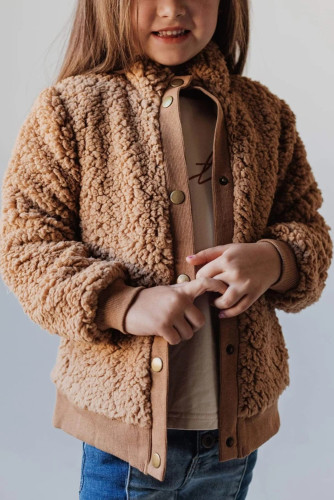 Brown Buttoned Solid Fleece Girl's Coat TZ85011-17