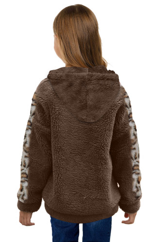 Leopard Print Splicing Faux Fleece Pocket Girl's Jacket TZ85016-17