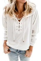 White Casual Solid Color Lace-up Hoodie LC2537924-1