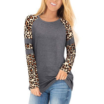 Gray Spliced Leopard Cotton Blend Long Sleeve Tops TQK210820-11