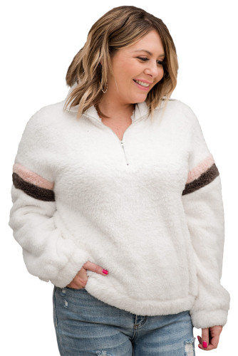 Beige Colorblock Zip Sherpa Plus Size Sweatshirt LC2518705-15