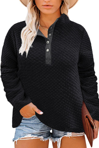 Black Plus Size Quilted Button Up Henley Sweatshirt LC253707-2