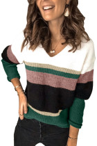 Green Colorblock V Neck Ribbed Knitted Sweater LC2721158-9