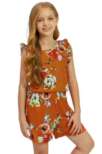 Orange Floral Print Ruffled Sleeveless Girls Romper TZ64025-14