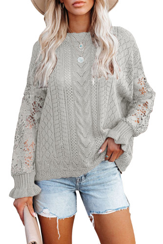 Gray Crochet Lace Pointelle Knit Sweater LC2721105-11