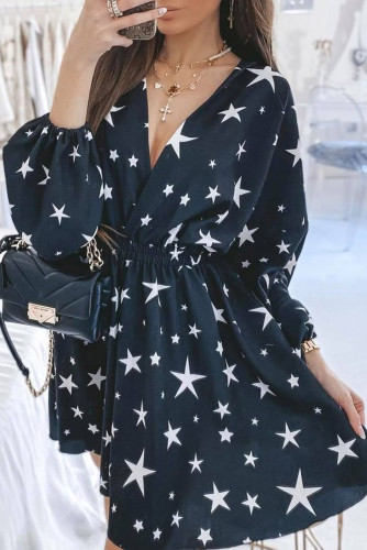 Us 8 98 Navy Blue Star Print V Neck Puff Sleeve Mini Dress Lc229395 5 M Sebowel Net