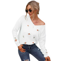 White Floral Embroidered V Neck Knit Sweater TQK271325-1