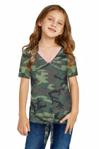 Little Girl Contrast Trim Green Camo Print T-shirt with Knot TZ25292-9