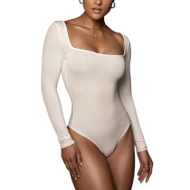 White Square Neck Long Sleeve Bodysuit TQK550262-1