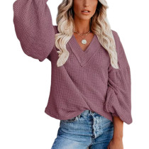 Purple Red Waffle Knitted Puff Sleeve Sweater TQK271176-32