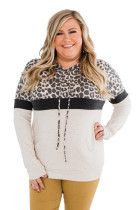White Leopard Patchwork Drawstring Plus Size Hoodie With Pocket LC253714-1
