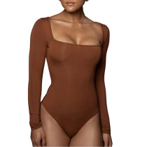 Brown Square Neck Long Sleeve Bodysuit TQK550262-17