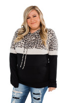 Black Leopard Patchwork Drawstring Plus Size Hoodie With Pocket LC253714-2