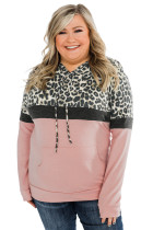 Pink Leopard Patchwork Drawstring Plus Size Hoodie With Pocket LC253714-10