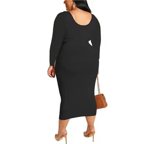 Black Long Sleeve Crop Top and Tie Waist Skirt Plus Size Set TQK710408-2
