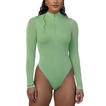 Light Green Zipper-up High Neck Long Sleeve Bodysuit TQK550264-28