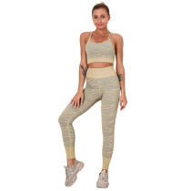 Khaki Striped Print Yoga Bra with Pant Sports Set TQE91568-21