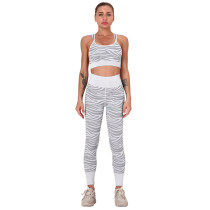 White Striped Print Yoga Bra with Pant Sports Set TQE91568-1