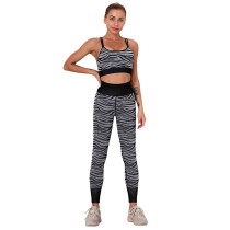 Black Striped Print Yoga Bra with Pant Sports Set TQE91568-2