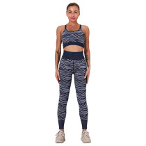Dark Blue Striped Print Yoga Bra with Pant Sports Set TQE91568-77